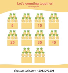 Ananas zählen für Kinder. Worksheet zur Fruchtzählung Zählung in 5s. Mathe-Arbeitsblatt für die Vorschule. pädagogisches, druckbares Mathematik-Arbeitsblatt. Vorschulbildung. Vektorgrafik.
