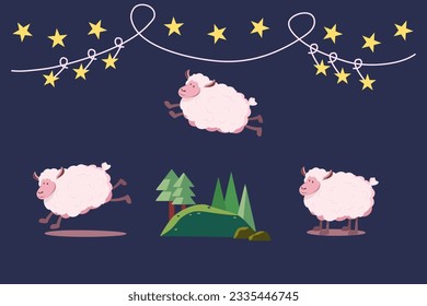 Counting pink sheep with star night sky. Illustration fantasy animal life background