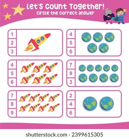 Let’s counting the planet earth and rocket together and circle the correct number on the page. Educational printable math worksheet. Math game for children with planets and solar systems theme. Vector