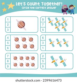 Let’s counting the planet and satellite together and circle the correct number on the page. Educational printable math worksheet. Math game for children with planets and solar systems theme. Vector 