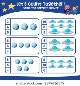 Let’s counting the planet and spaceship together and circle the correct number on the page. Educational printable math worksheet. Math game for children with planets and solar systems theme. Vector