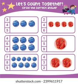 Let’s counting the planets together and circle the correct number on the page. Educational printable math worksheet. Math game for children with planets and solar systems theme. Vector file. 