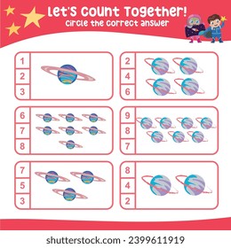 Let’s counting the planets together and circle the correct number on the page. Educational printable math worksheet. Math game for children with planets and solar systems theme. Vector file. 