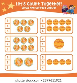 Let’s counting the planets together and circle the correct number on the page. Educational printable math worksheet. Math game for children with planets and solar systems theme. Vector file. 