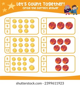 Let’s counting the planets together and circle the correct number on the page. Educational printable math worksheet. Math game for children with planets and solar systems theme. Vector file. 