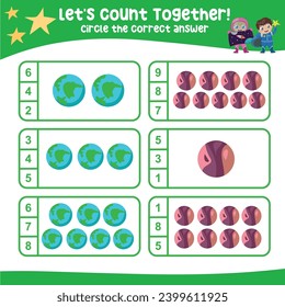 Let’s counting the planets together and circle the correct number on the page. Educational printable math worksheet. Math game for children with planets and solar systems theme. Vector file. 