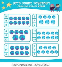 Let’s counting the planets together and circle the correct number on the page. Educational printable math worksheet. Math game for children with planets and solar systems theme. Vector file. 