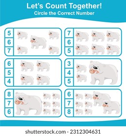 Contemos juntos al oso polar y rodeemos el número correcto en la página. Hoja de cálculo de matemáticas imprimibles educacionales. Juego de matemáticas para niños con un bonito personaje de animales marinos. Archivo de ilustración de vector
