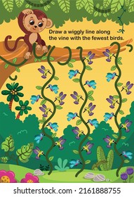 Counting practice page with birds and jungle for kids. Vector illustration.