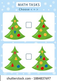 Counting practice for preschoolers. Count the decorations on the trees and write the desired inequality sign in the rectangle. Christmas theme. Vector illustration in flat style