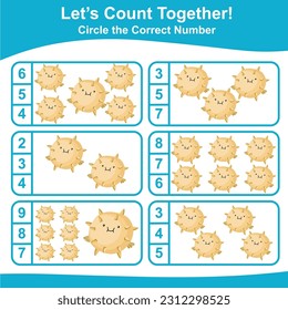 Let’s counting the pufferfish together and circle the correct number on the page. Educational printable math worksheet. Math game for children with cute sea animals character. Vector illustration file