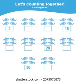 Counting the sea animals for Preschool Children. Math worksheet with sea animals’ theme. Educational printable math worksheet. Vector illustration.