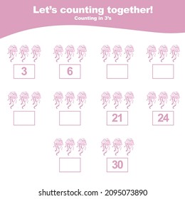 Counting the sea animals for Preschool Children. Math worksheet with sea animals’ theme. Educational printable math worksheet. Vector illustration.