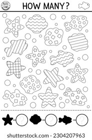 Counting and shape recognition black and white game with cute starfish, seashell, fish. Math line activity for preschool kids. Under the sea simple printable worksheet. Ocean life coloring page
