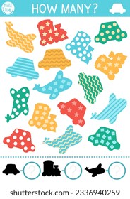 Counting and shape recognition game with cute transport. Math and shadow matching activity for preschool kids. Transportation printable worksheet. Educational puzzle with plane, train, car

