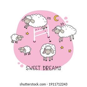 Counting sheep bed time and sleep concept cartoon drawing on pink with stars and sweet dreams text design for fashion graphics, t shirt prints and pajamas