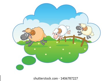 Counting sheep. Cartoon character happy jumping sheep for baby on meadow. Sweet dreams, insomnia. Background in the form of cloud.  Flat sticker 