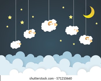 Counting sheep. Cartoon character happy jumping sheep. Sweet dreams.paper art