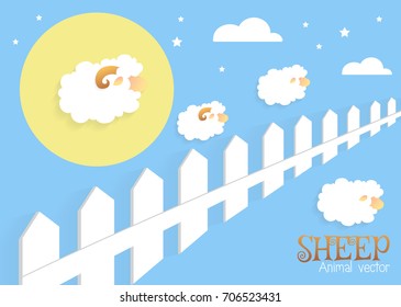 Counting sheep. Cartoon character happy jumping sheep. Sweet dreams.paper art