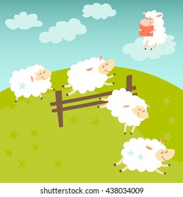 Counting sheep. Cartoon happy jumping sheep for baby. Cartoon character goat on meadow. Sweet dreams or insomnia. Vector illustration