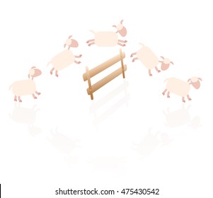 Counting sheep - comic illustration of sheep jumping over a wooden fence.