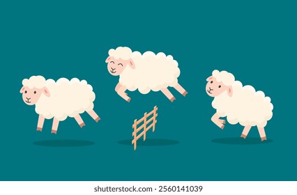 Counting sheep to fall asleep vector illustration. Cute cartoon sheep jumping over fence. Good night sleep metaphor.