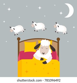 Counting sheep to fall asleep vector illustration.