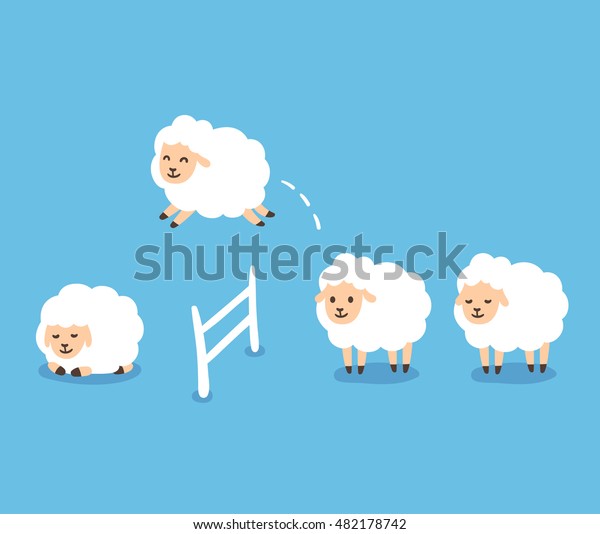 Counting\
sheep to fall asleep vector illustration. Cute cartoon sheep\
jumping over fence. Good night sleep\
metaphor.