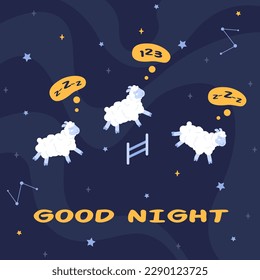 Counting sheep. Funny sheeps jump over fence for bedtime count, sleepless night insomnia or good sleep, sleepy lamb comic baby kids character, cartoon vector illustration of sheep and fence jump