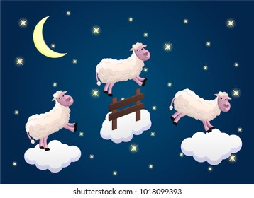 Counting sheep. Happy sheeps jumping on clouds. Sweet dreams, fall asleep on night background(stars,moon)