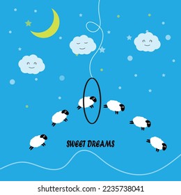 Counting sheep. Letter "Sweet dreams". Cute poster for the children's room. Great illustrations for printing on clothing, plates, labels and other surfaces.