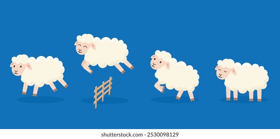 Contando ovelhas para dormir. Insônia. Saltando ovelhas para feliz sonho desenho animado vetor ilustração.