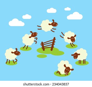 Counting sheep to sleep concept. Battling insomnia concept with white sheeps jumping over fence