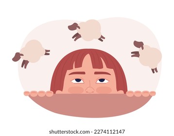 Counting sheep for sleep flat concept vector illustration. Help with insomnia. Flash message with flat 2D character on cartoon isolated background. Colorful editable image for mobile, web UX design