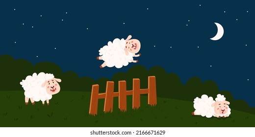 Counting sheep to sleep. Sheeps at night jump over fence. Sleeping wool animal, insomnia treatment. Cartoon meadow at bed time, sleepy classy vector background