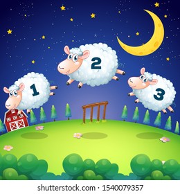 Counting sheeps jumping over the fence illustration