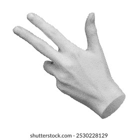 Counting and showing three 3 fingers, hand sign. Halftone style vector isolated on white background.