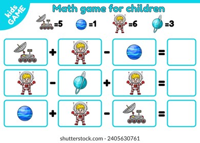 Counting space game for kids. Math exercises for the study of numbers. Worksheet for preschool and school education children. Cartoon astronaut, lunar rover, planets Uranus and Neptune. Vector sheet.