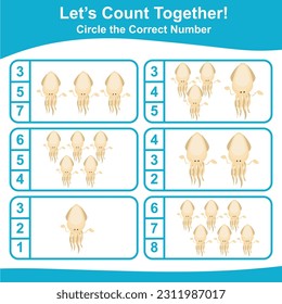 Let’s counting the squids together  Educational printable math worksheet. Math game for children with cute sea animals character. Vector illustration file.