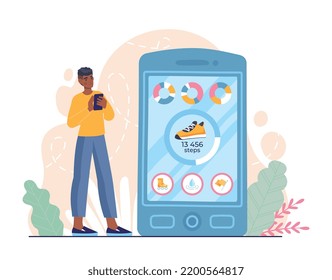 Counting steps app. Man in front of smartphone with statistics. Active lifestyle and sports, calorie counting, health care. Infographics and fitness information. Cartoon flat vector illustration