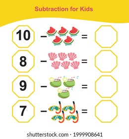 Juego de resta de cuenta para niños de preescolar. Hoja de cálculo de matemáticas imprimibles educacionales. Matemáticas adicionales para los niños. Esta hoja de trabajo es adecuada para educar a los niños de preescolar sobre cómo contar bien.