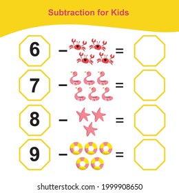 Counting Subtraction Game for Preschool Children. Educational printable math worksheet. Additional math for kids. This worksheet is suitable for educating preschool kids on how to count well.