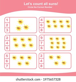 Counting the sun game for Preschool Children. Educational printable math worksheet. Additional puzzles for kids. It is perfect for exercising children’s motoric movements. Vector illustration in carto