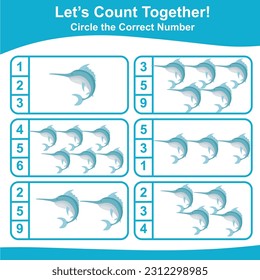 Let’s counting the swordfish together and circle the correct number on the page. Educational printable math worksheet. Math game for children with cute sea animals character. Vector illustration file.