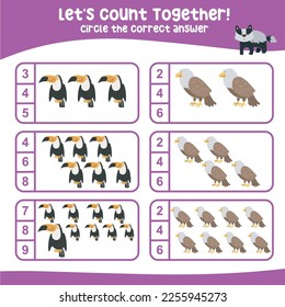 Let’s counting the toco taucans and eagles together and circle the number on the worksheet. Educational printable math worksheet for kids. Math game for children. Vector illustration.