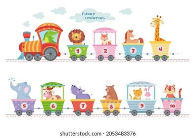 el tren contando con animales. Dibujo de caricaturas en camioneta, educación para niños vector escolar sobre blanco