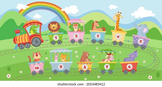 counting train with animals rides on rails across the field. education for children school vector on white