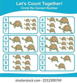 Contemos a la tortuga juntos y rodeemos el número correcto en la página. Hoja de cálculo de matemáticas imprimibles educacionales. Juego de matemáticas para niños con un bonito personaje de animales marinos. Archivo de ilustración del vector.