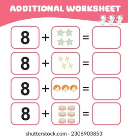 Contando la actividad del unicornio para los niños. Hoja de cálculo matemática para niños. Hoja de cálculo adicional. Contar y escribir actividades para los niños. Archivo vector. Hoja de cálculo matemática para niños preescolares. 