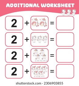 Counting unicorn activity for children. Mathematic worksheet for kids. Additional math worksheet. Count and write activity for kids. Vector file. Math worksheet for preschool children. 